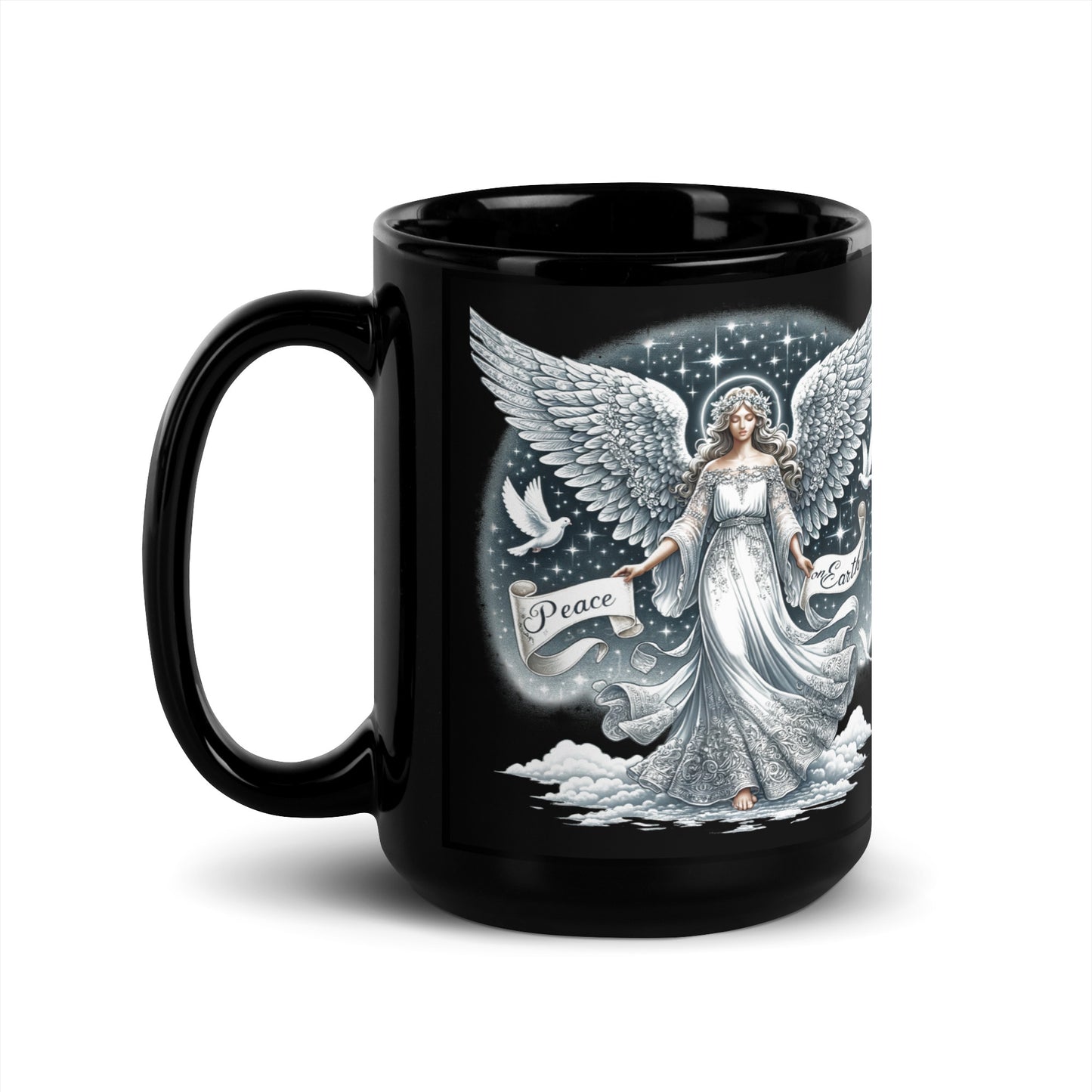 Black Glossy Mug - Peace on Earth Angel on Cloud