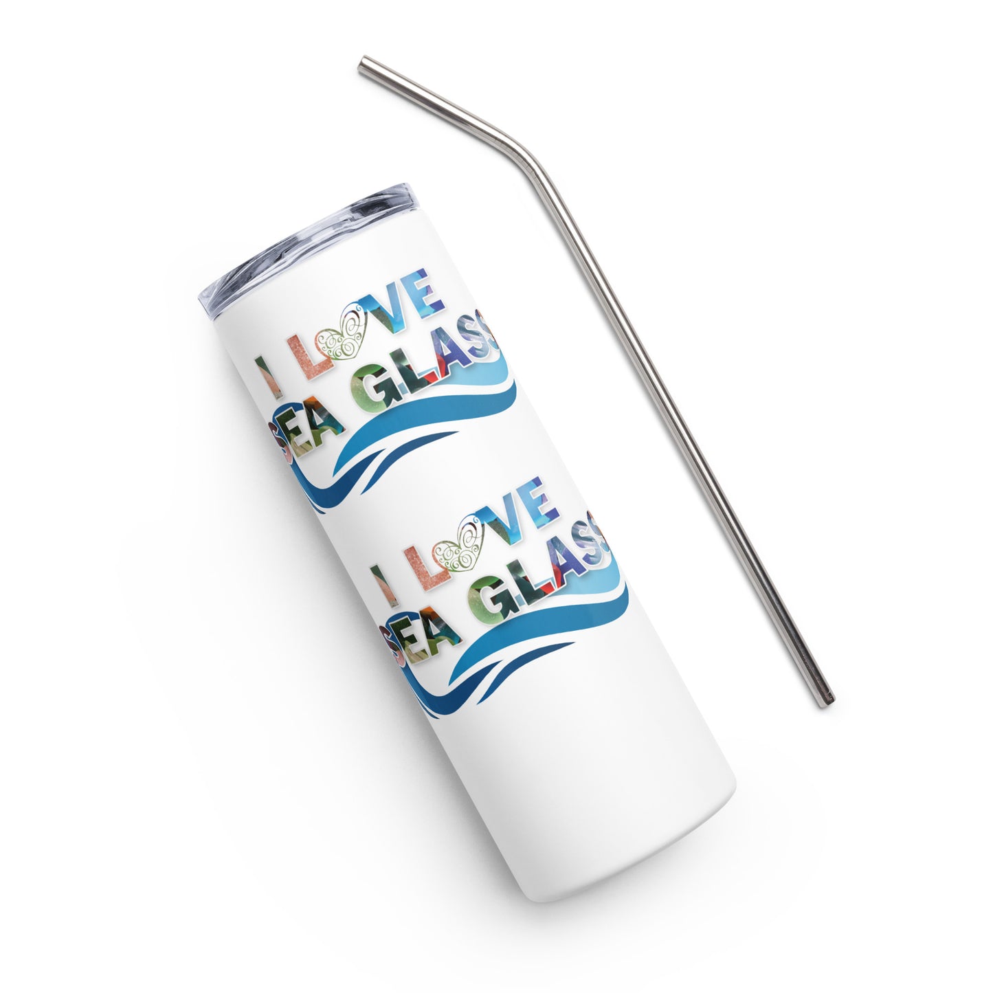 Stainless Steel Tumbler - I Love Sea Glass with Wave