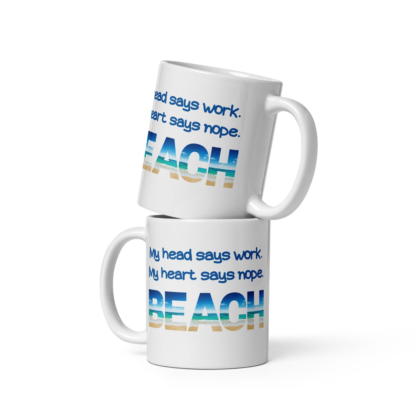 White Glossy Mug - My Heart Says Beach (Dk Blue)