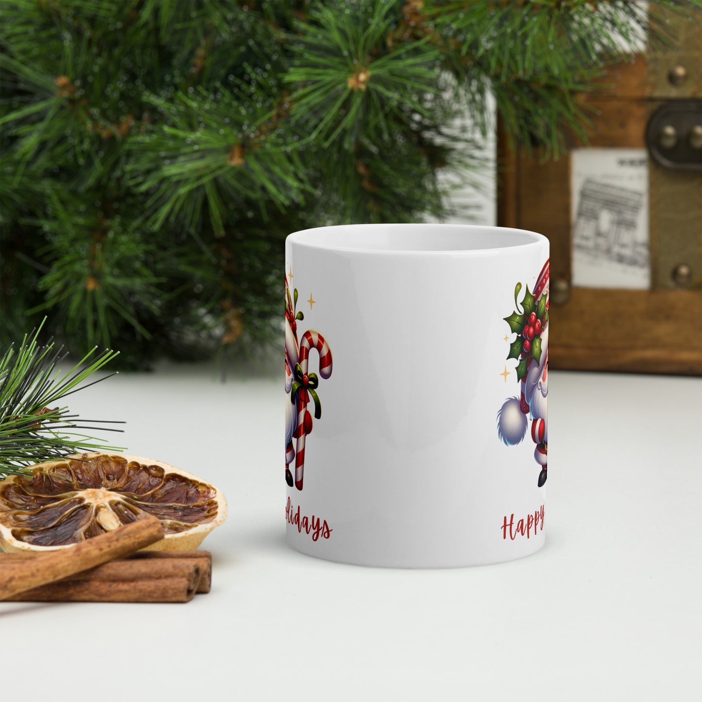 White Glossy Mug - Happy Holiday Gnome