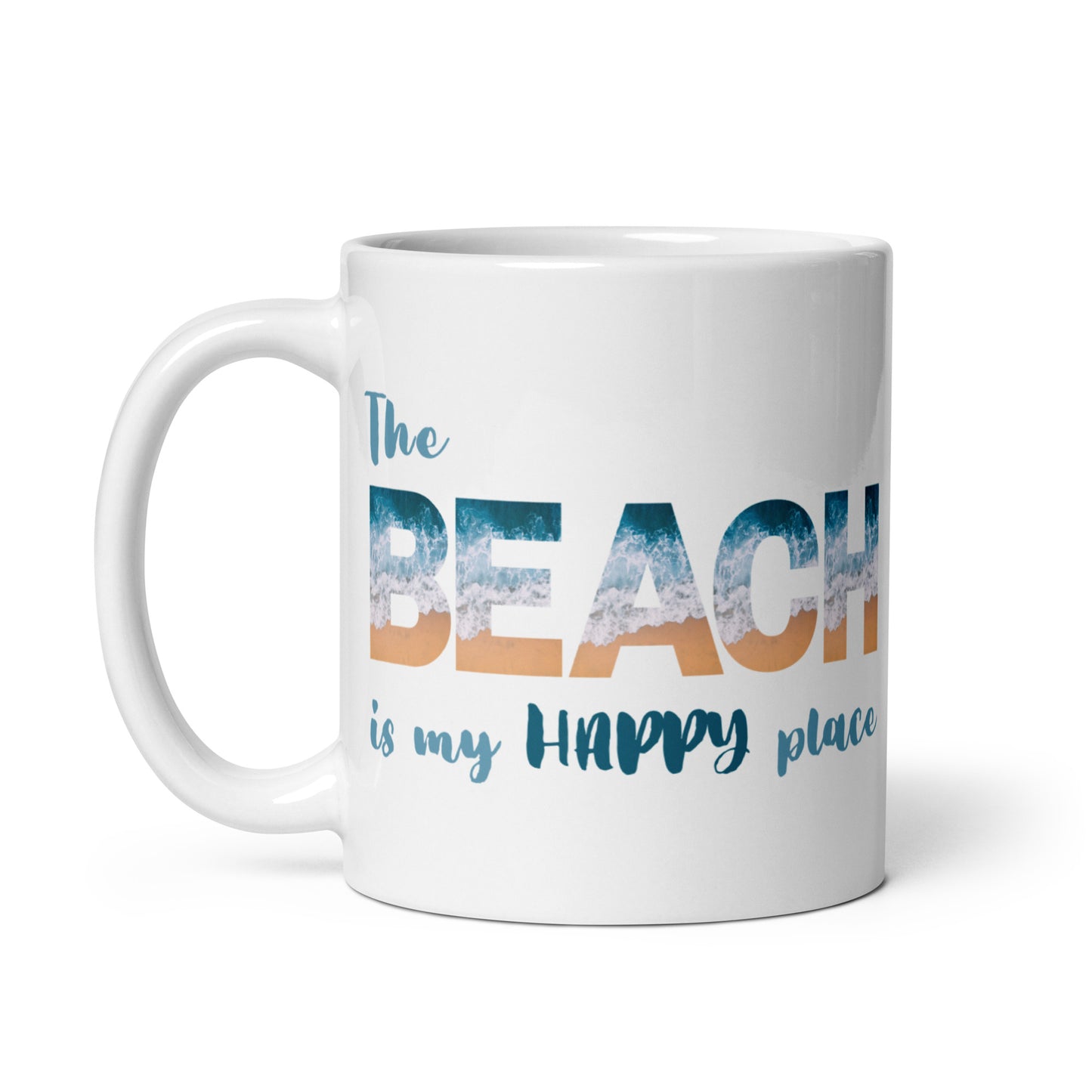 White Glossy Mug - The Beach is My Happy Place (Dk Green)