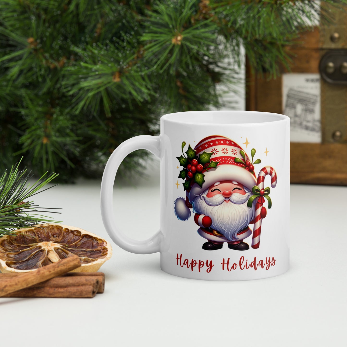 White Glossy Mug - Happy Holiday Gnome