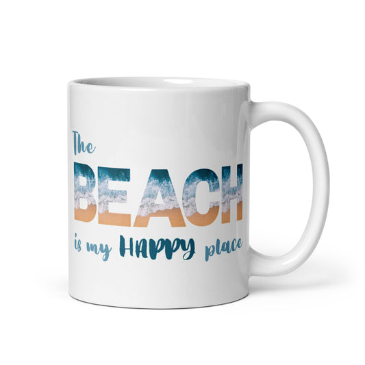 White Glossy Mug - The Beach is My Happy Place (Dk Green)