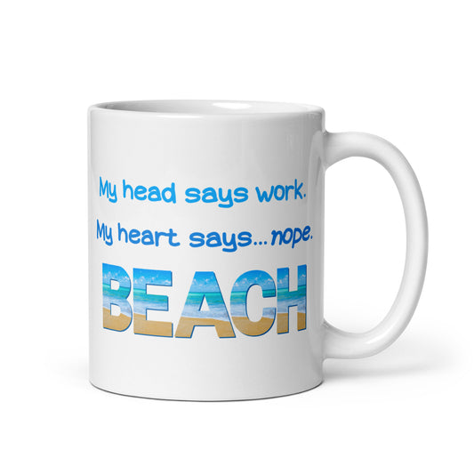 White Glossy Mug - My Heart Says Beach (Blue)