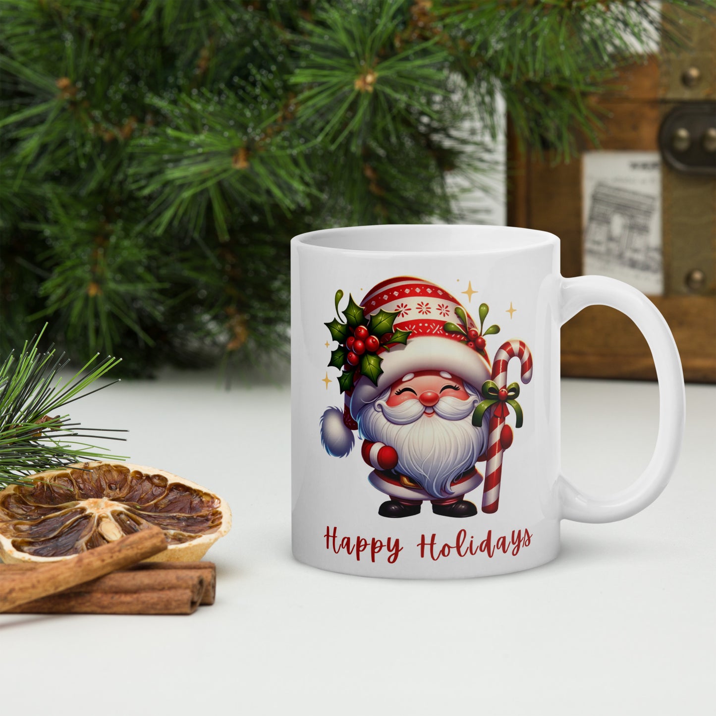 White Glossy Mug - Happy Holiday Gnome