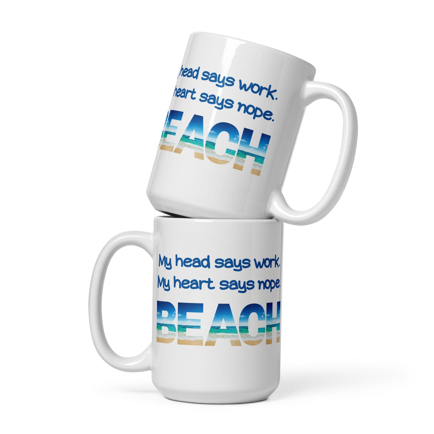 White Glossy Mug - My Heart Says Beach (Dk Blue)