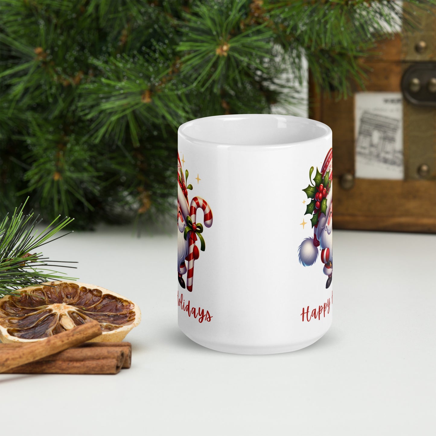 White Glossy Mug - Happy Holiday Gnome