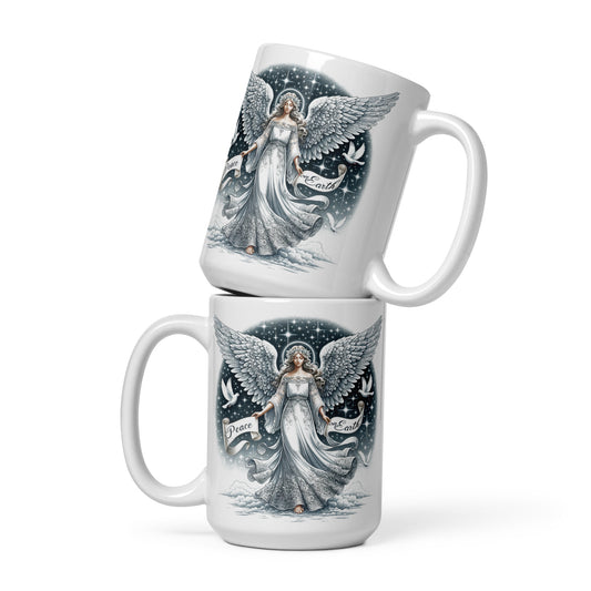 White Glossy Mug - Peace on Earth Angel on Cloud