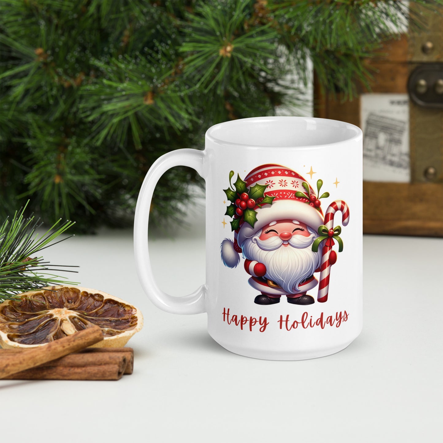 White Glossy Mug - Happy Holiday Gnome