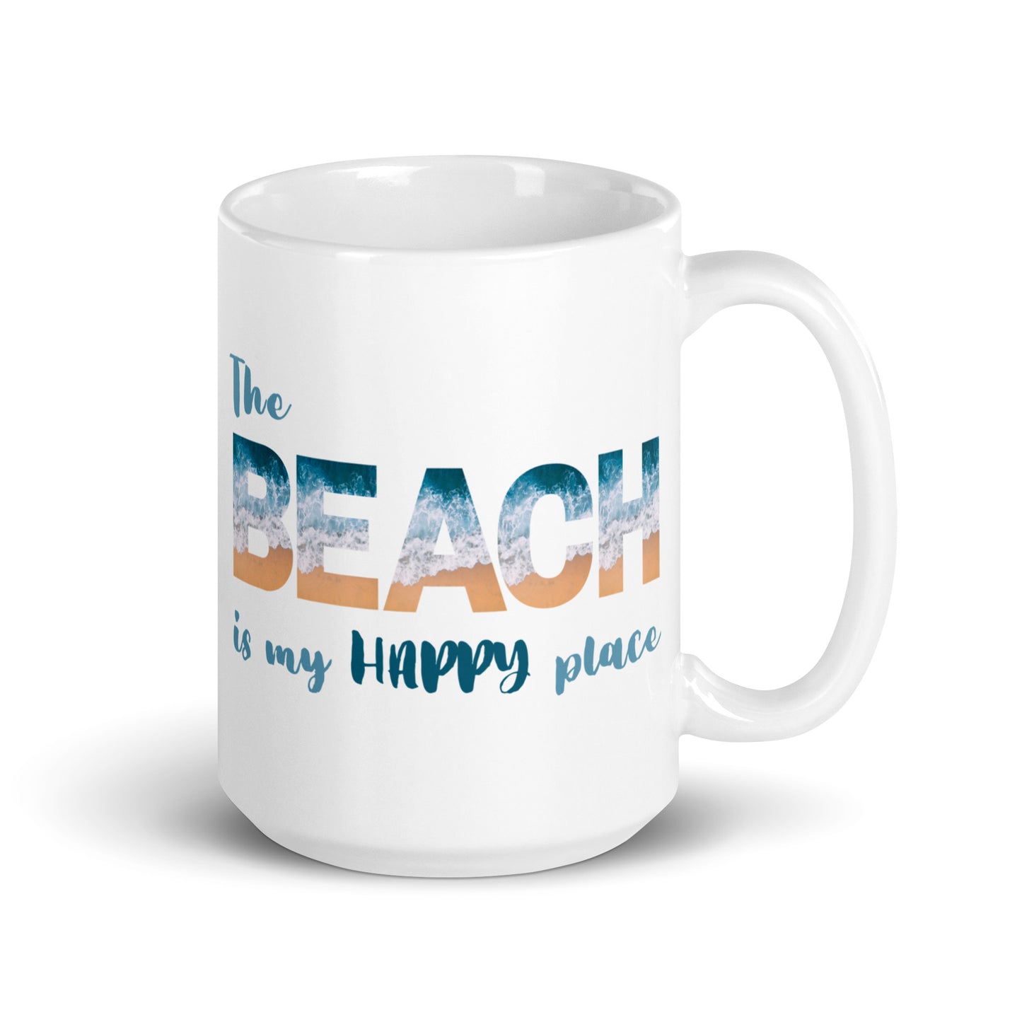 White Glossy Mug - The Beach is My Happy Place (Dk Green)