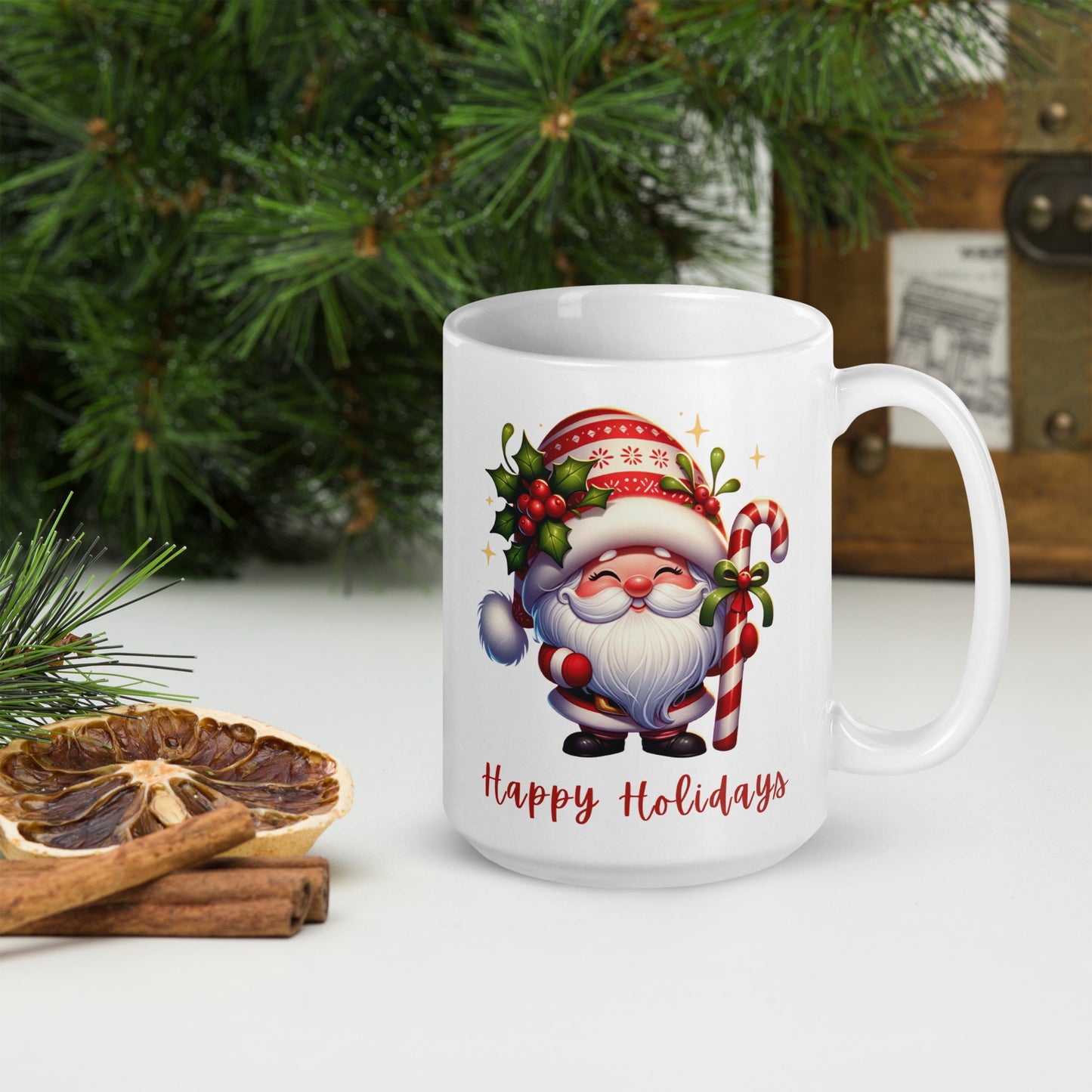 White Glossy Mug - Happy Holiday Gnome