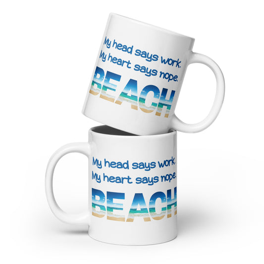 White Glossy Mug - My Heart Says Beach (Dk Blue)