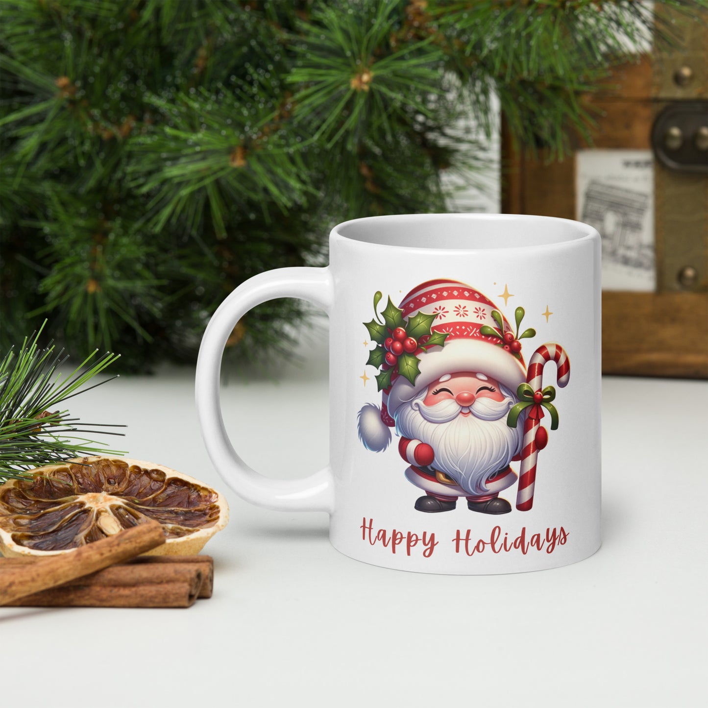 White Glossy Mug - Happy Holiday Gnome