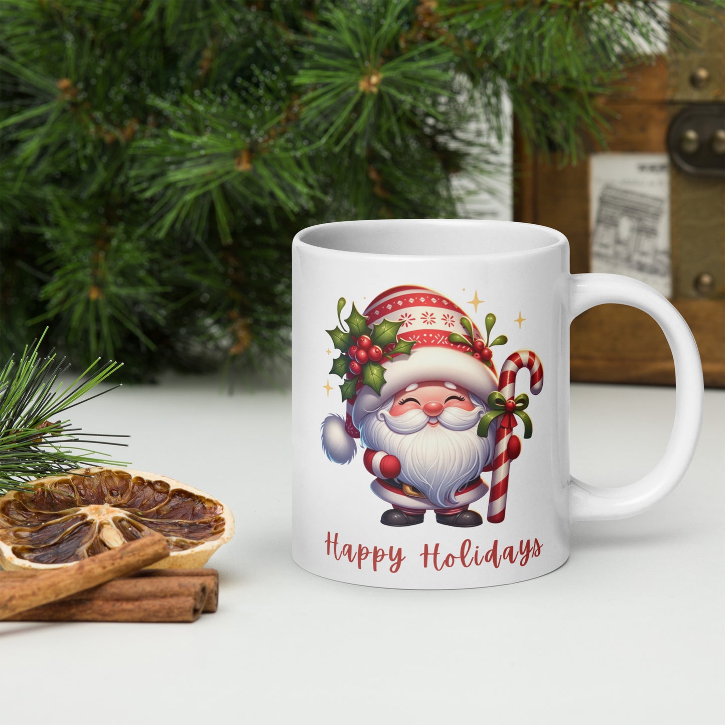 White Glossy Mug - Happy Holiday Gnome